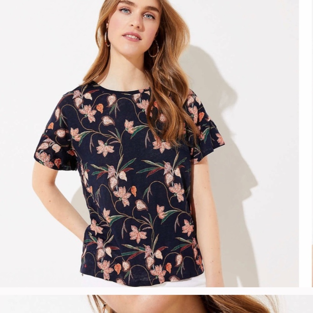 Loft NWT Floral Ruffle Sleeve Linen Tee